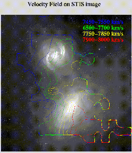 NGC 1409/10 velocities on STIS image
